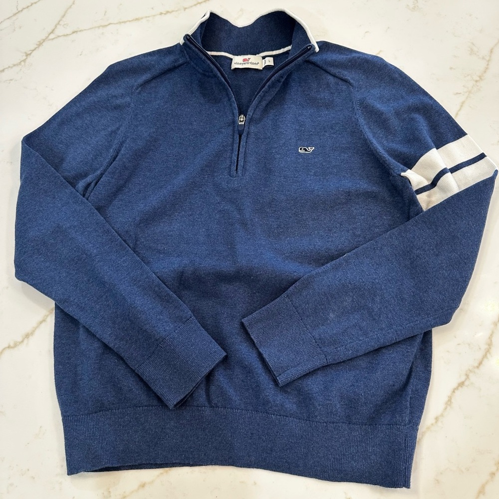 Women’s Blue Half-Zip Sweater, 100% Cotton, Size Large